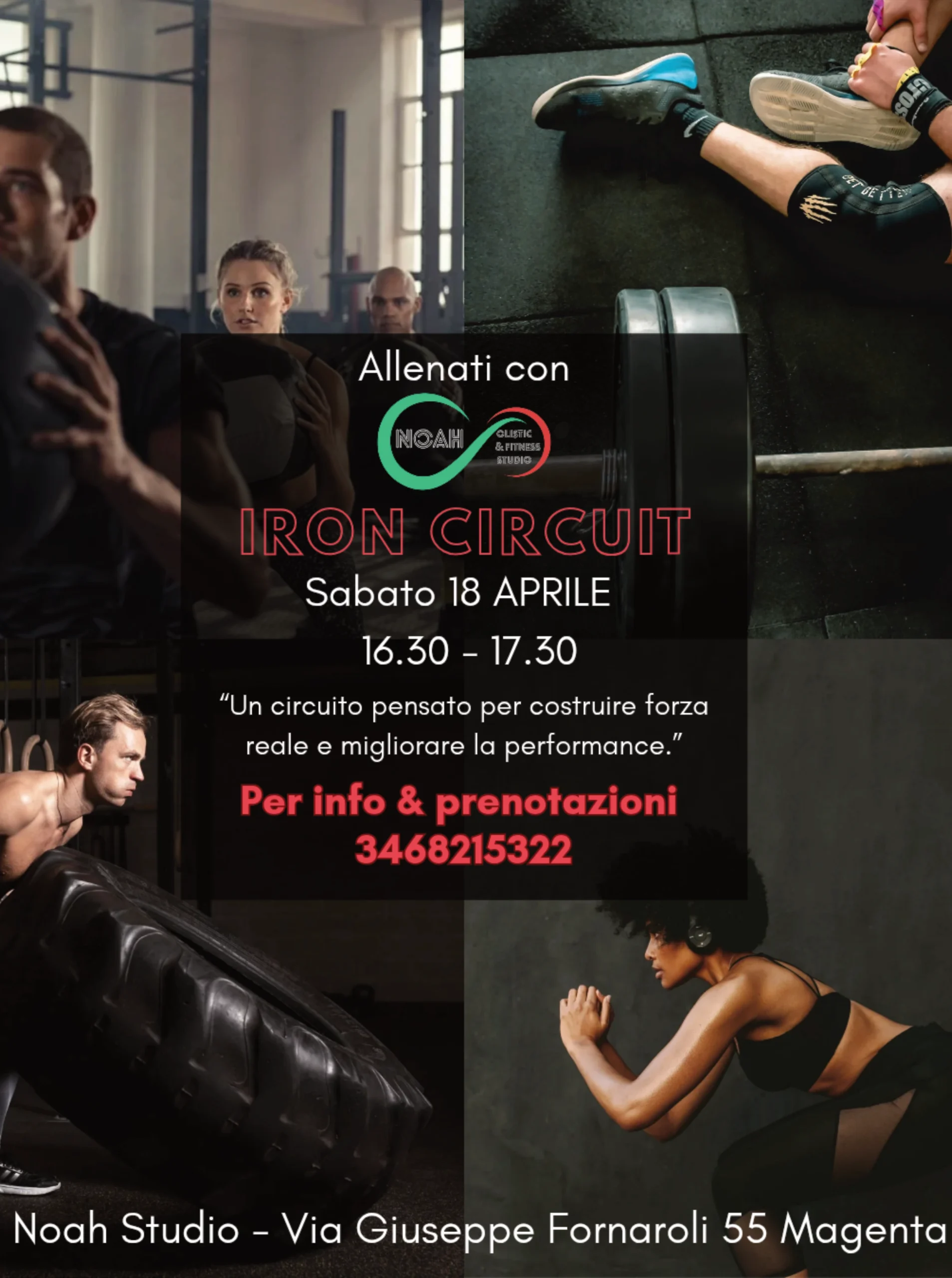 Evento Iron Circuit al Noah Studio di Magenta: allenamento a circuito ad alta intensità per forza e performance con esercizi funzionali e lavoro con pesi.