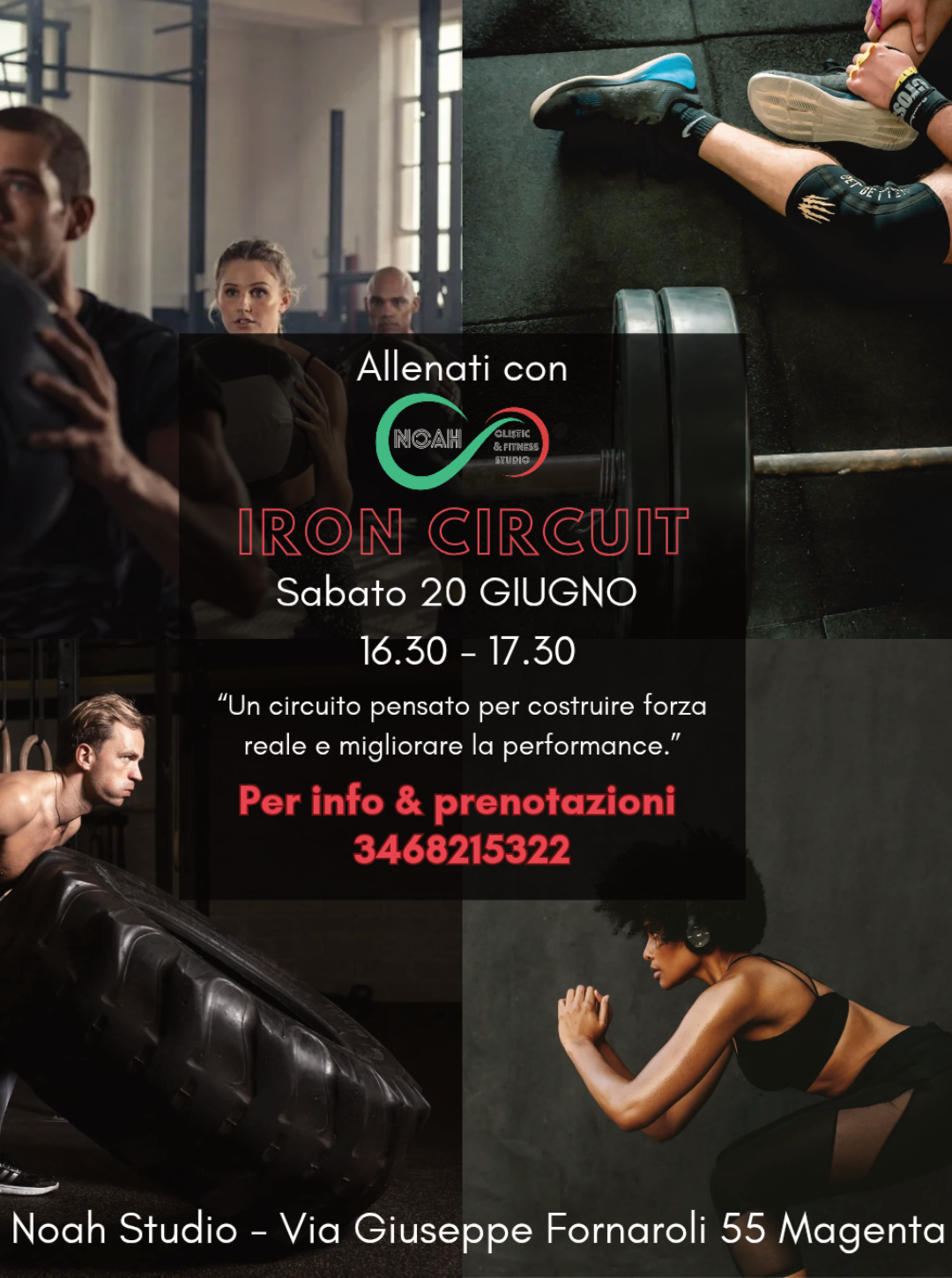 Evento Iron Circuit al Noah Studio di Magenta: allenamento a circuito ad alta intensità per forza e performance con esercizi funzionali e lavoro con pesi.